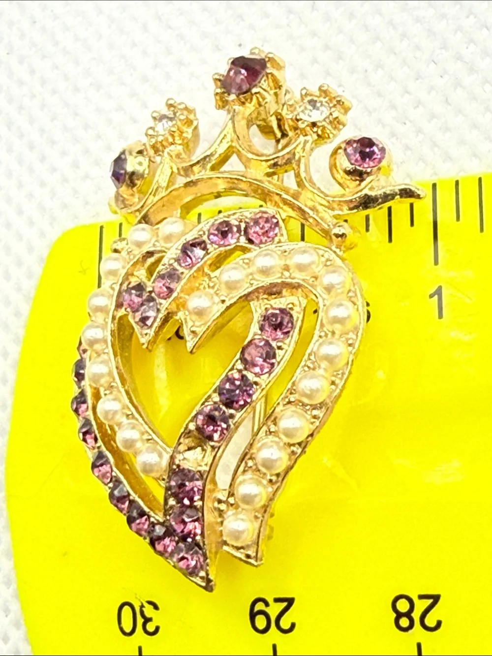 Vintage Gold-Tone Heart Crown Brooch Purple rhinestone faux pearl craft wear